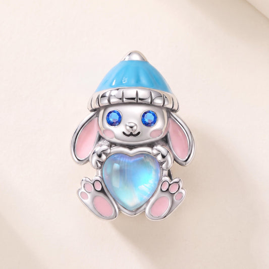 Bunny Rabbit Heart Bead in 925 sterling silver with blue and pink enamel and sparkling stones