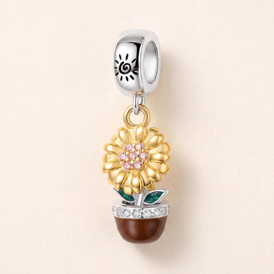Sunflower Pot Charm in 925 sterling silver with gold and brown enamel and sparkling stones