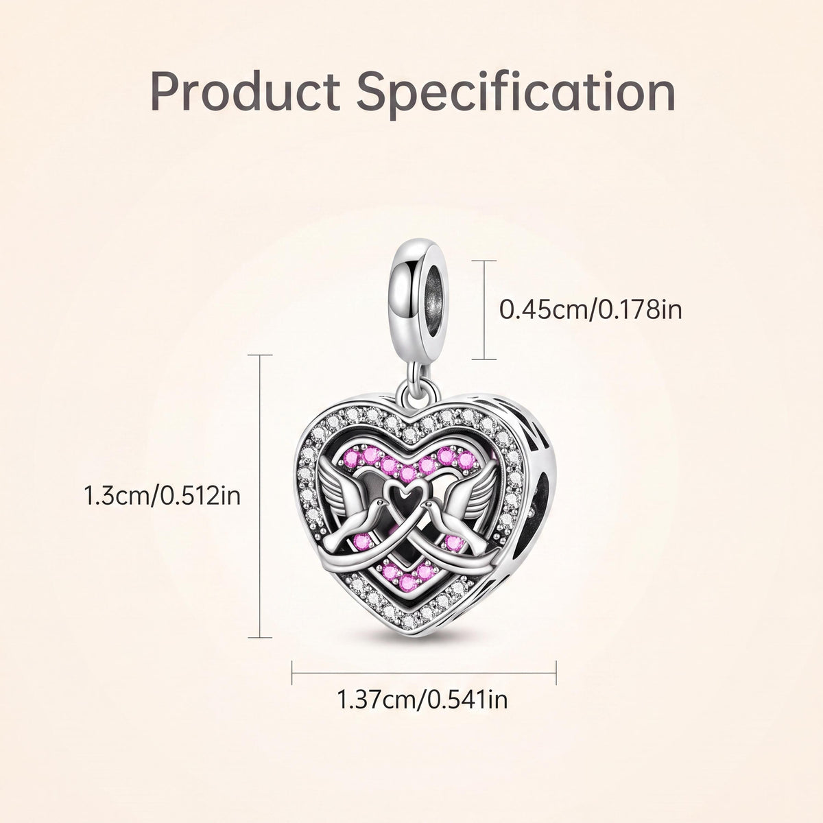 Love Doves Heart Bead size and details
