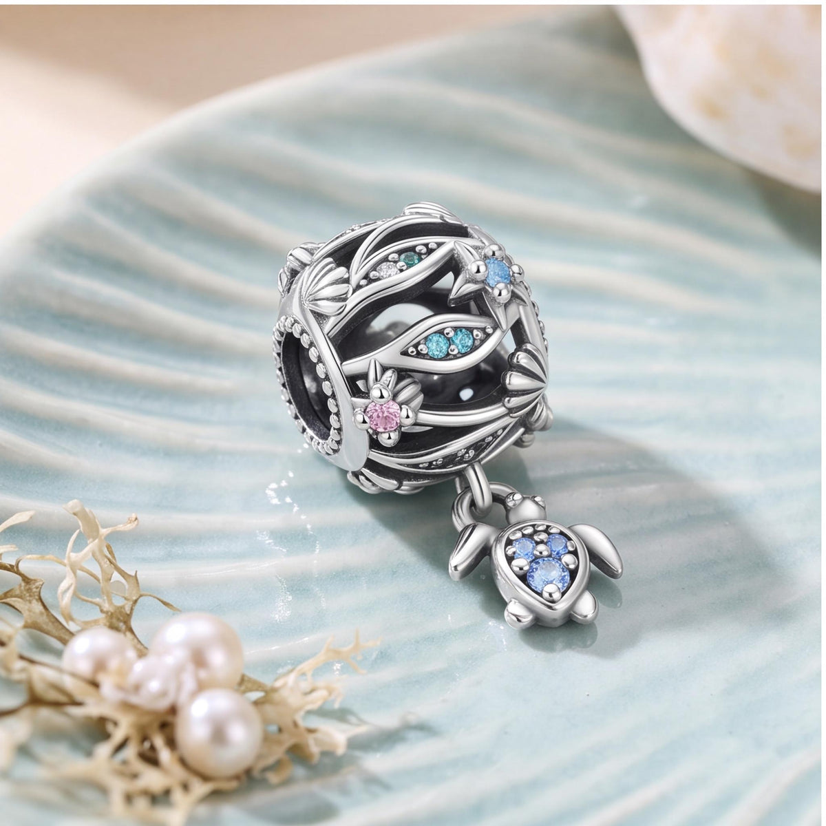 Ocean Wave Sea Turtle Dangle on a silver charm bracelet