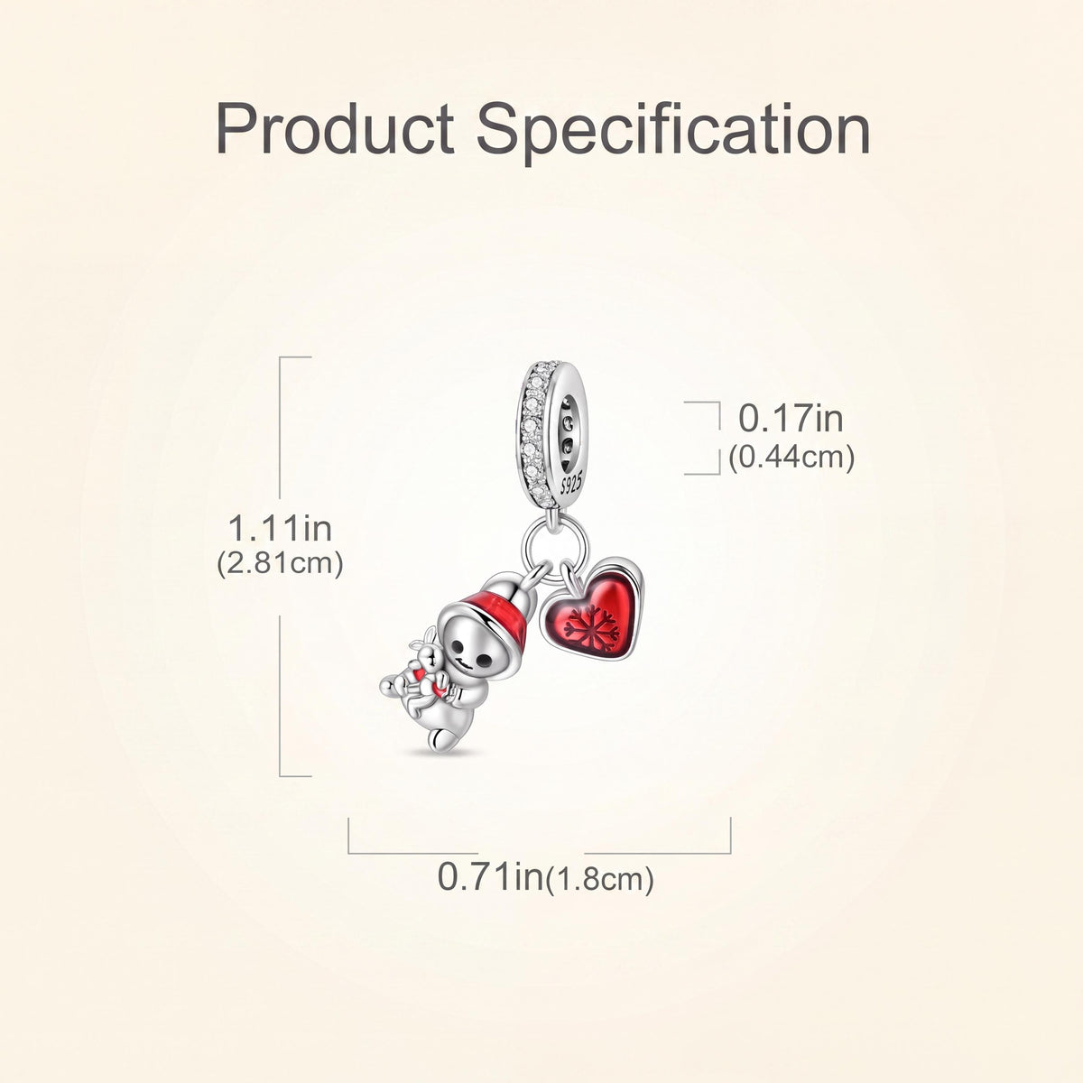 Snowman Heart Dangle size and details