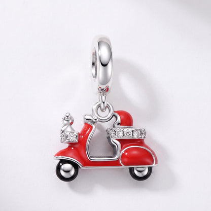 Red Scooter Dangle in 925 sterling silver with red and black enamel and sparkling stones, fits European-style charm bracelets