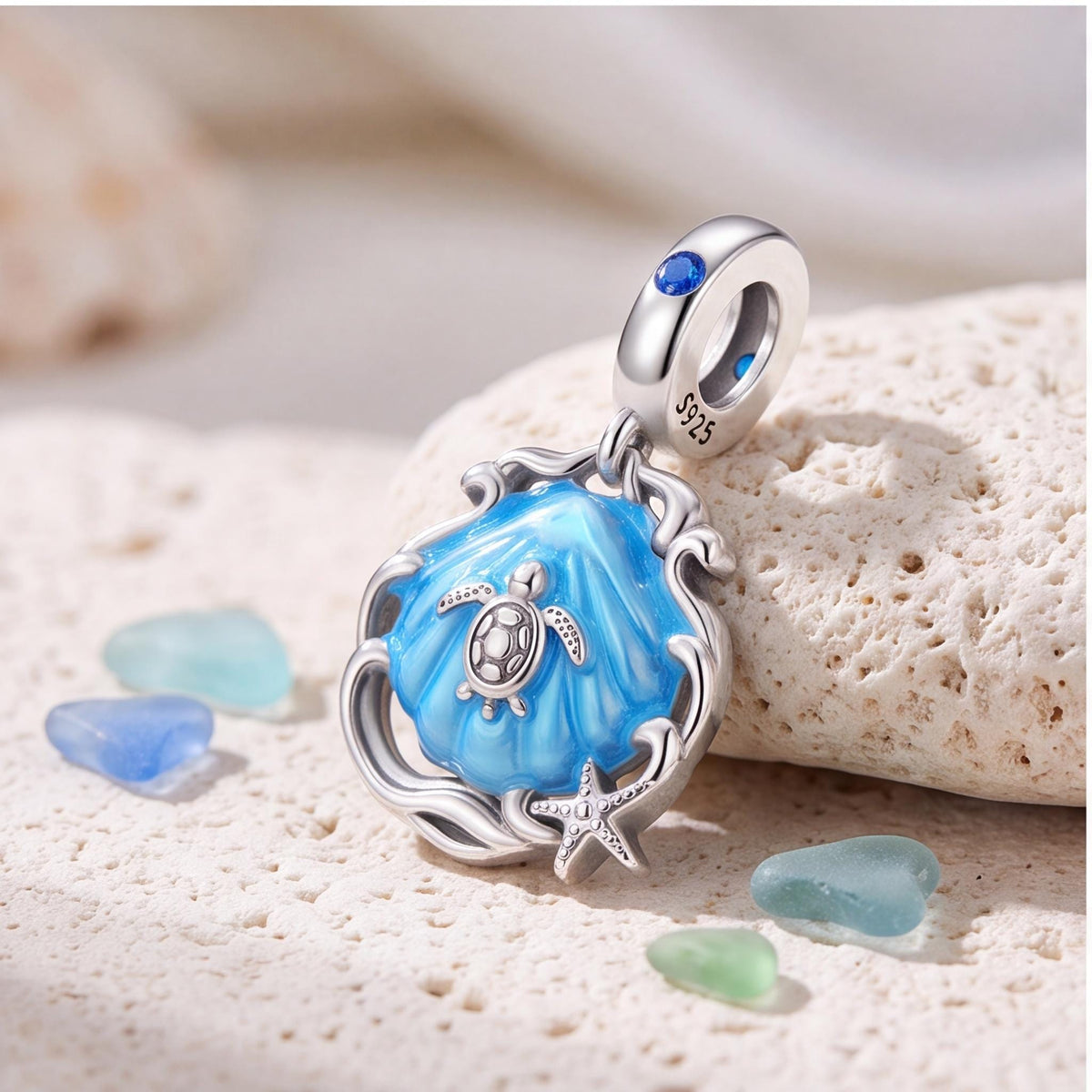 Sea Turtle Shell Dangle on a silver charm bracelet