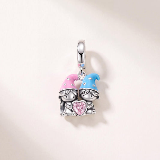Gnome Couple Charm in 925 sterling silver with pink and blue enamel and sparkling stones, fits European-style charm bracelets