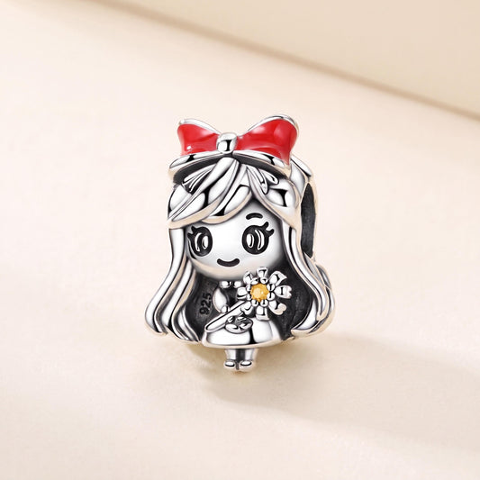 Girl with Red Bow Charm in 925 sterling silver with red enamel and sparkling stones, fits European-style charm bracelets