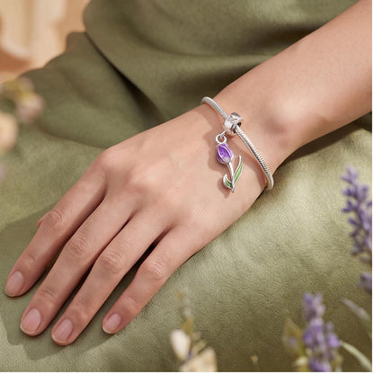 Purple Tulip Dangle close-up on a bracelet