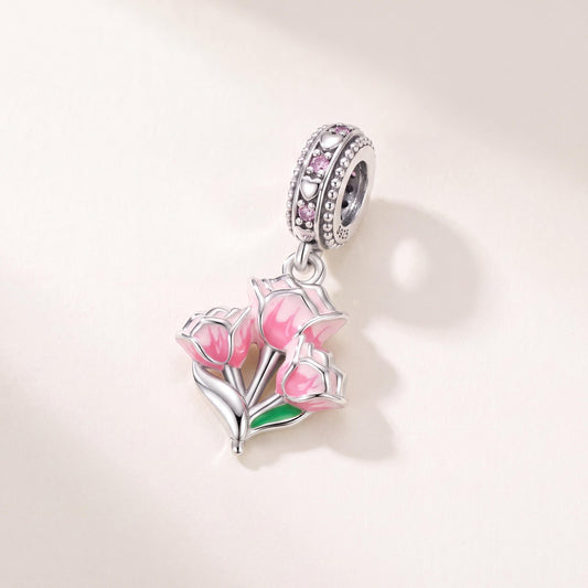 Pink Tulip Bouquet Dangle in 925 sterling silver with pink and green enamel and sparkling stones