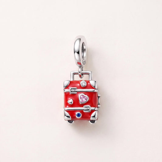 Red Suitcase Charm in 925 sterling silver with red enamel and sparkling stones, fits European-style charm bracelets