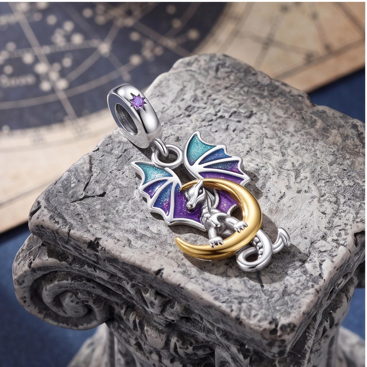 Dragon Moon Charm on a silver charm bracelet