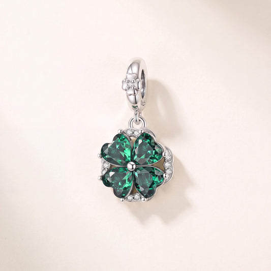 Four Leaf Clover Dangle in 925 sterling silver with sparkling stones, fits European-style charm bracelets