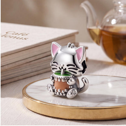 Cat Bubble Tea Charm on a silver charm bracelet