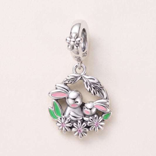 Floral Bunny Wreath Dangle in 925 sterling silver with pink and green enamel and sparkling stones