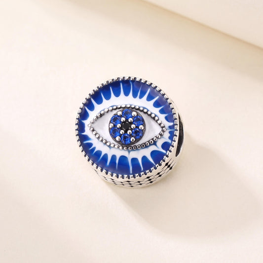 Evil Eye Bead in 925 sterling silver with blue and white enamel and sparkling stones, fits European-style charm bracelets