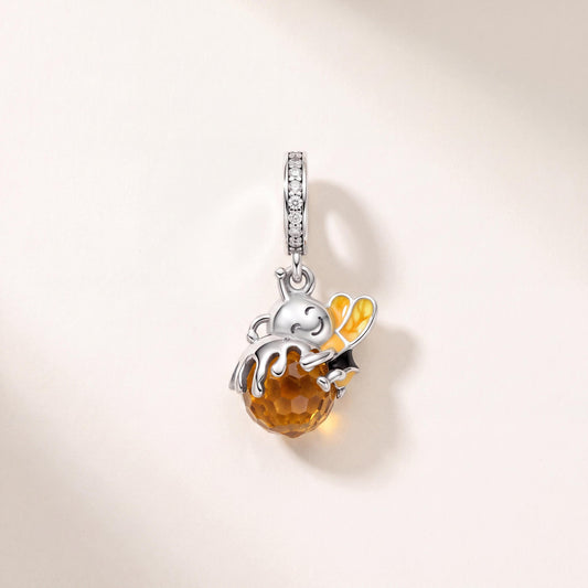Honey Bee Dangle Charm in 925 sterling silver with yellow and black enamel and sparkling stones