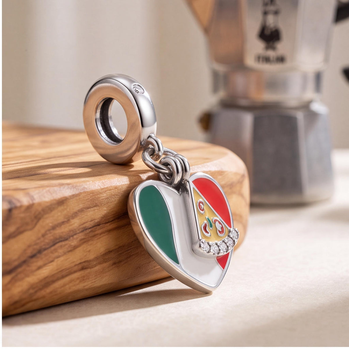 Italy Pizza Heart Charm styled as a gift