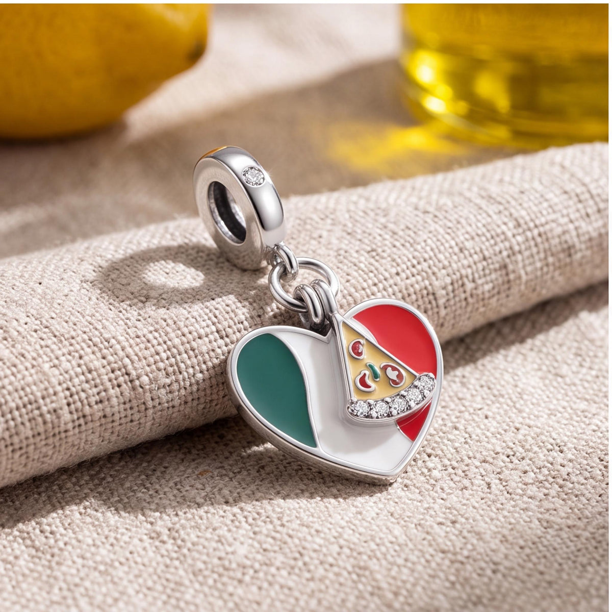 Italy Pizza Heart Charm on a silver charm bracelet