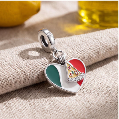 Italy Pizza Heart Charm on a silver charm bracelet