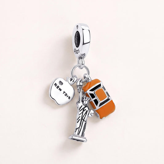 New York Triple Dangle Charm in 925 sterling silver with orange and black enamel, fits European-style charm bracelets