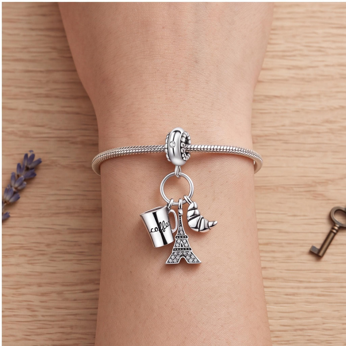 Paris Eiffel Tower Dangle on a silver charm bracelet