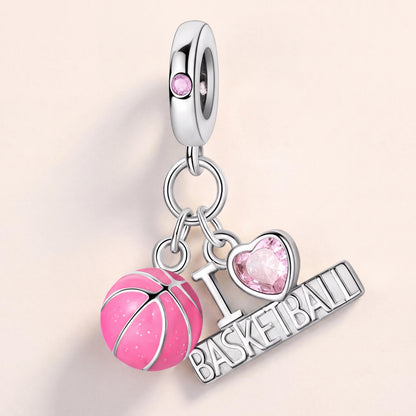 Basketball Dangle Charm in 925 sterling silver with pink enamel and sparkling stones, fits European-style charm bracelets