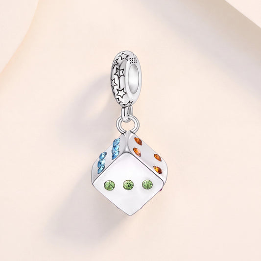 Rolling Dice Dangle in 925 sterling silver with sparkling stones, fits European-style charm bracelets
