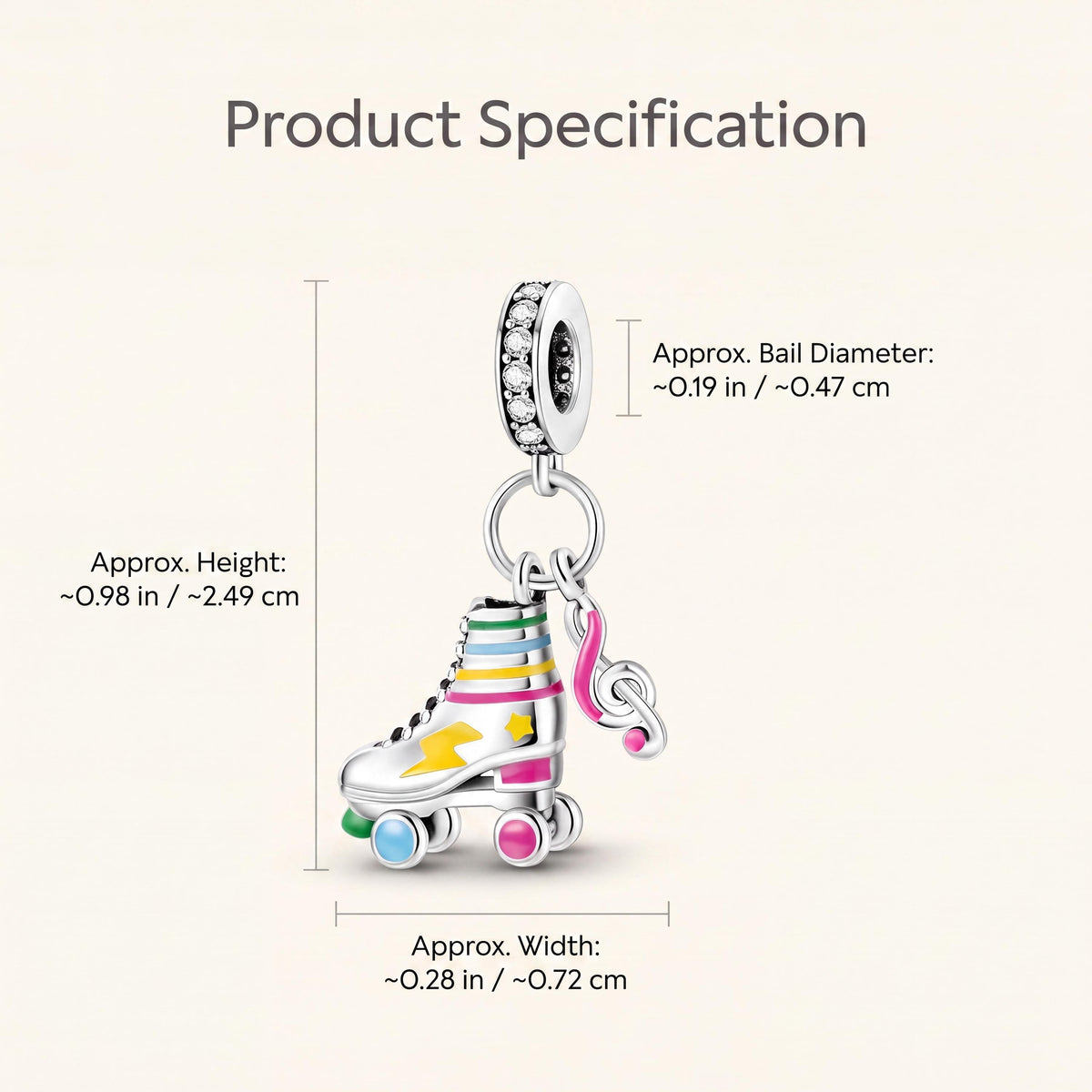 Roller Skate Dangle Charm size and details