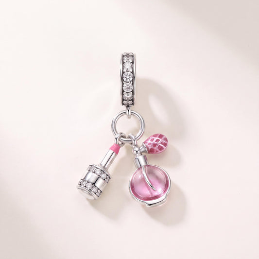 Lipstick Perfume Dangle Charm in 925 sterling silver with pink enamel and sparkling stones