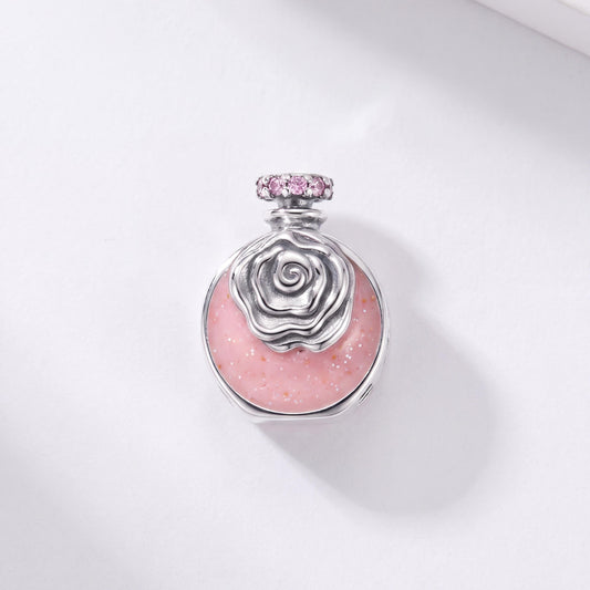 Rose Perfume Charm in 925 sterling silver with pink enamel and sparkling stones, fits European-style charm bracelets