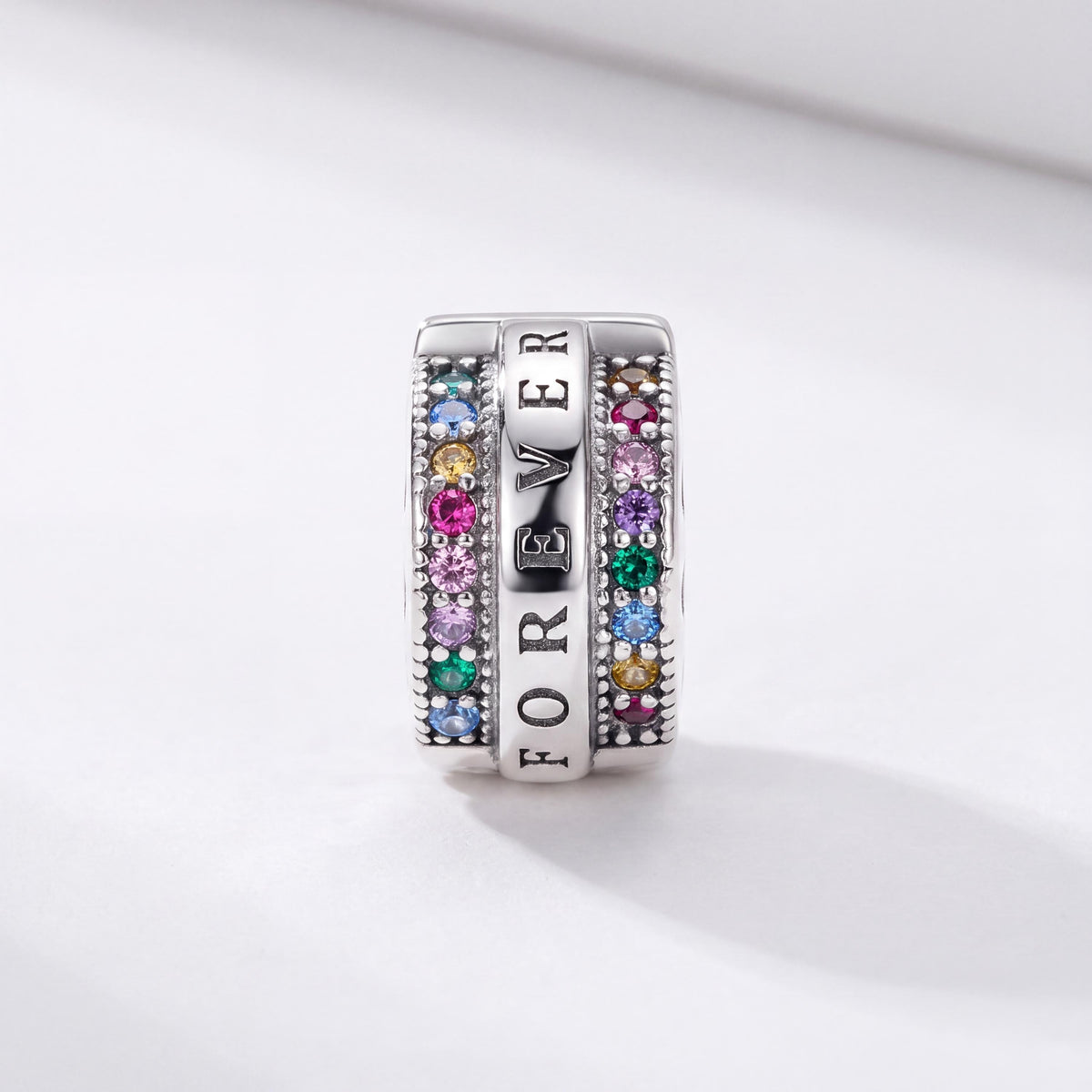 Forever Rainbow Clip in 925 sterling silver with sparkling stones, fits European-style charm bracelets