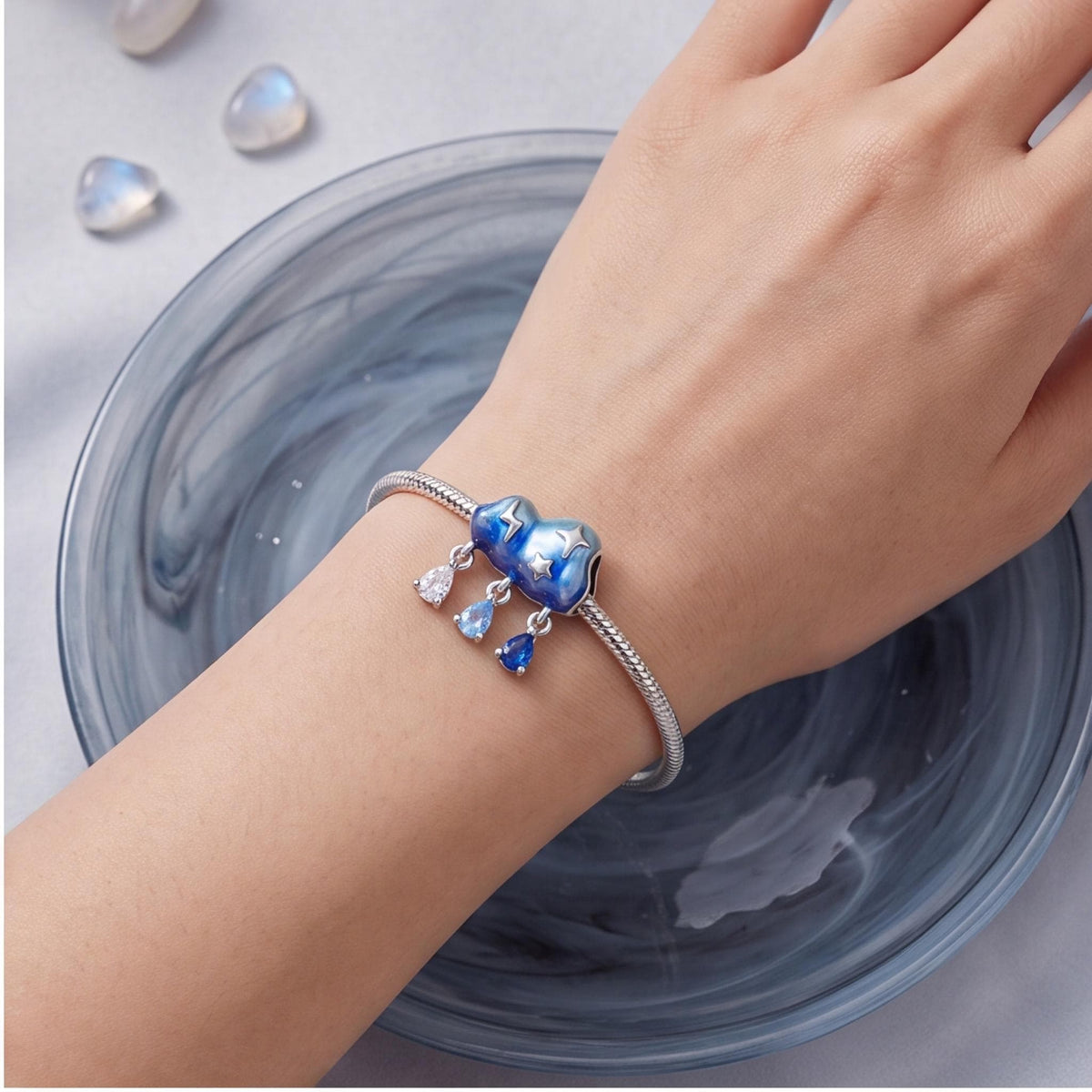 Storm Cloud Rain Charm worn on a charm bracelet