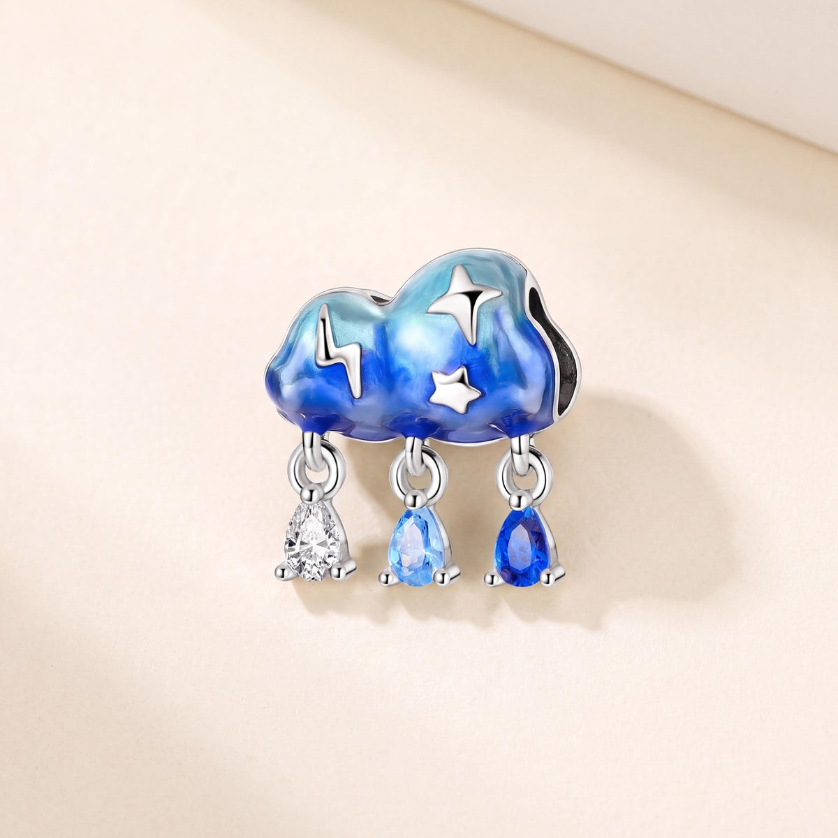 Storm Cloud Rain Charm in 925 sterling silver with blue enamel and sparkling stones, fits European-style charm bracelets