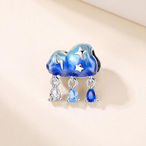 Storm Cloud Rain Charm in 925 sterling silver with blue enamel and sparkling stones, fits European-style charm bracelets