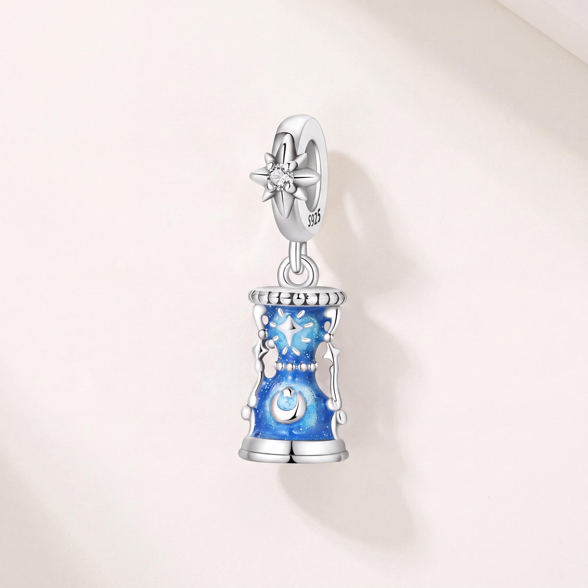 Celestial Hourglass Dangle in 925 sterling silver with blue enamel, fits European-style charm bracelets