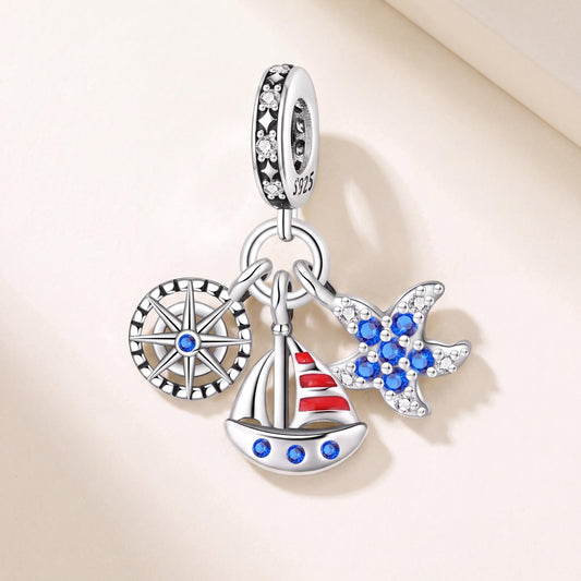 Nautical Ocean Charm in 925 sterling silver with red and white enamel and sparkling stones
