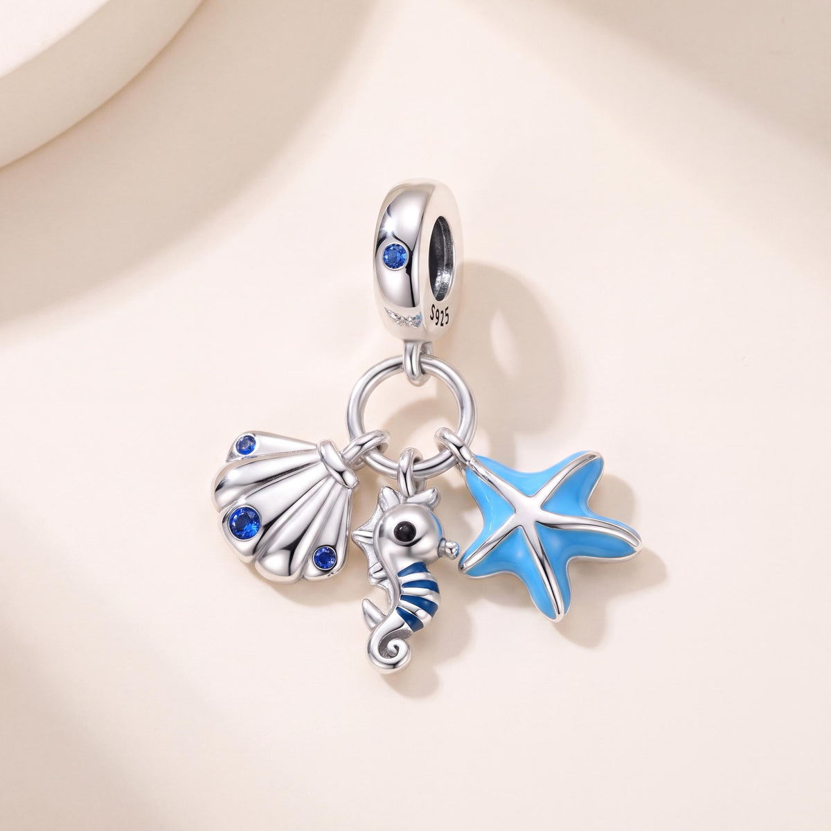 Ocean Trio Dangle Charm in 925 sterling silver with blue enamel and sparkling stones, fits European-style charm bracelets
