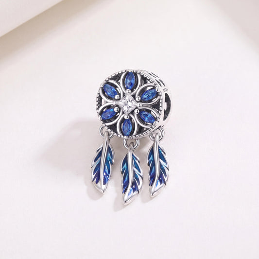 Dream Catcher Charm in 925 sterling silver with blue enamel and sparkling stones, fits European-style charm bracelets