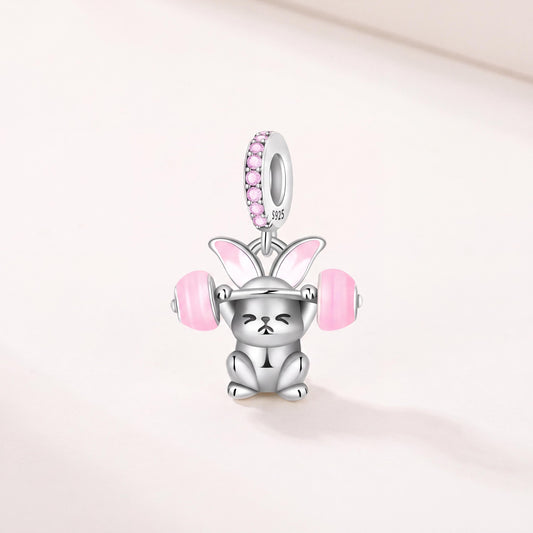 Gym Bunny Dangle in 925 sterling silver with pink enamel and sparkling stones, fits European-style charm bracelets