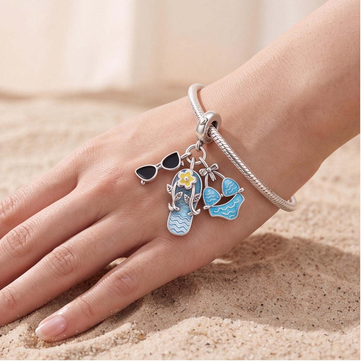Summer Beach Dangle Charm worn on a charm bracelet