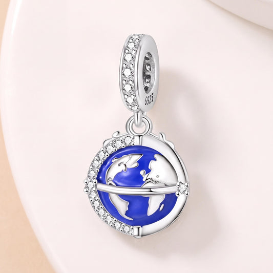 World Globe Charm in 925 sterling silver with blue enamel and sparkling stones, fits European-style charm bracelets