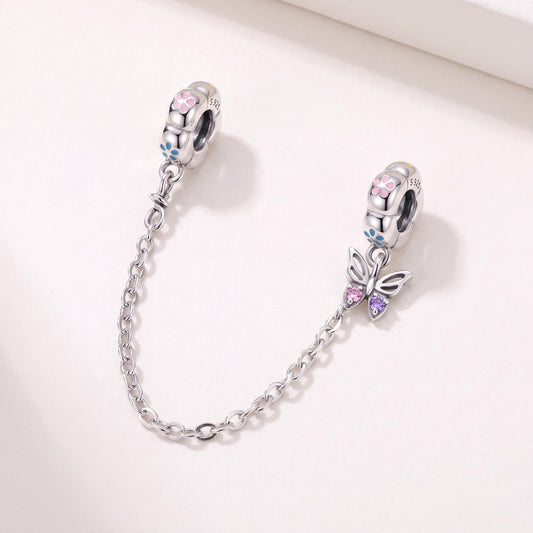 Butterfly Flower Safety Chain Charm in 925 sterling silver with pink and blue enamel and sparkling stones