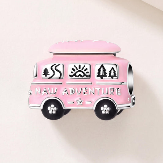 Pink Camper Van Charm in 925 sterling silver with pink and white enamel, fits European-style charm bracelets