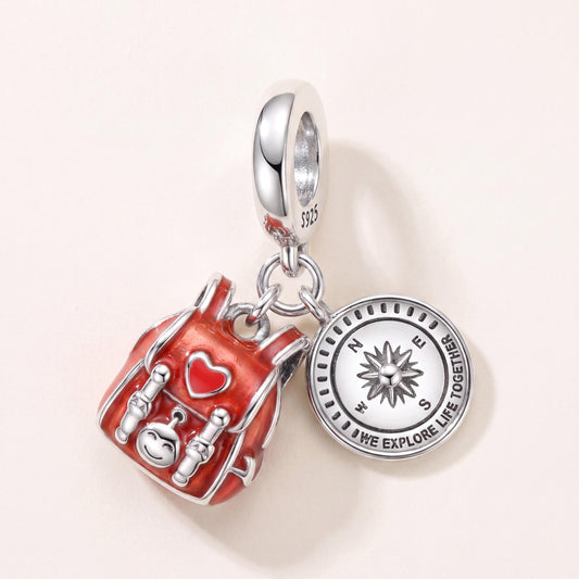 Backpack Compass Dangle in 925 sterling silver with red enamel, fits European-style charm bracelets
