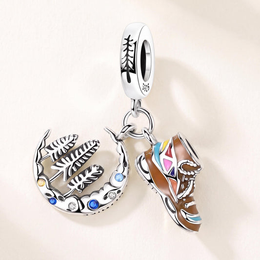 Hiking Boot Moon Charm in 925 sterling silver with enamel and sparkling stones, fits European-style charm bracelets