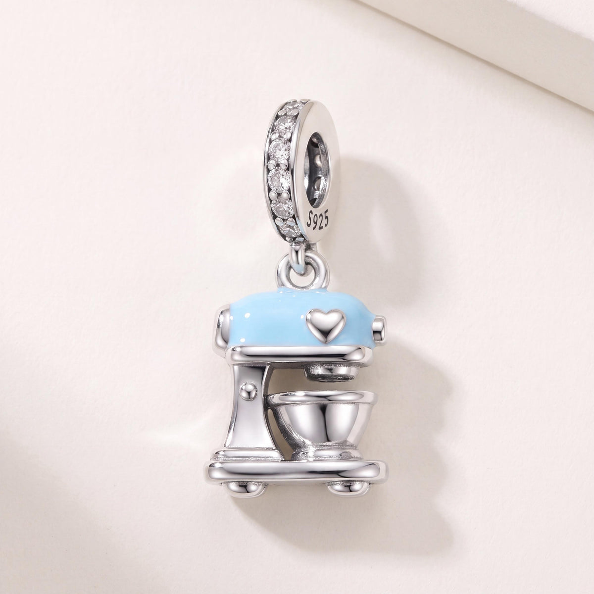 Stand Mixer Charm in 925 sterling silver with blue enamel and sparkling stones, fits European-style charm bracelets