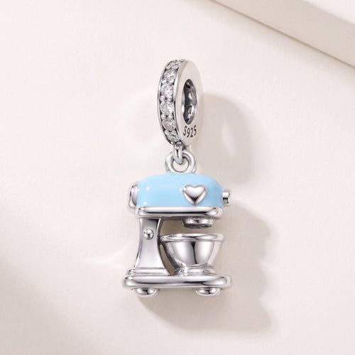 Stand Mixer Charm in 925 sterling silver with blue enamel and sparkling stones, fits European-style charm bracelets