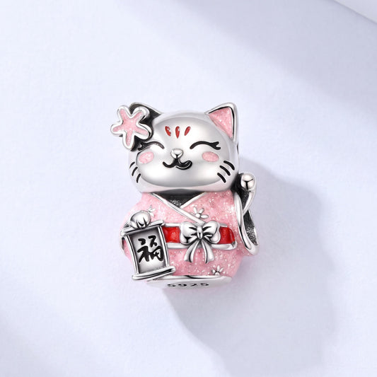 Lucky Cat Charm in 925 sterling silver with pink and red enamel, fits European-style charm bracelets