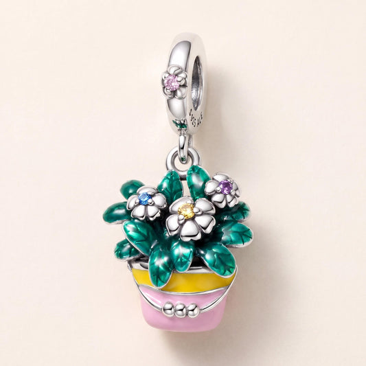 Flower Pot Plant Charm in 925 sterling silver with enamel and sparkling stones, fits European-style charm bracelets