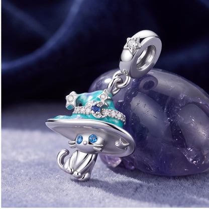 Witch Cat Dangle Charm on a silver charm bracelet