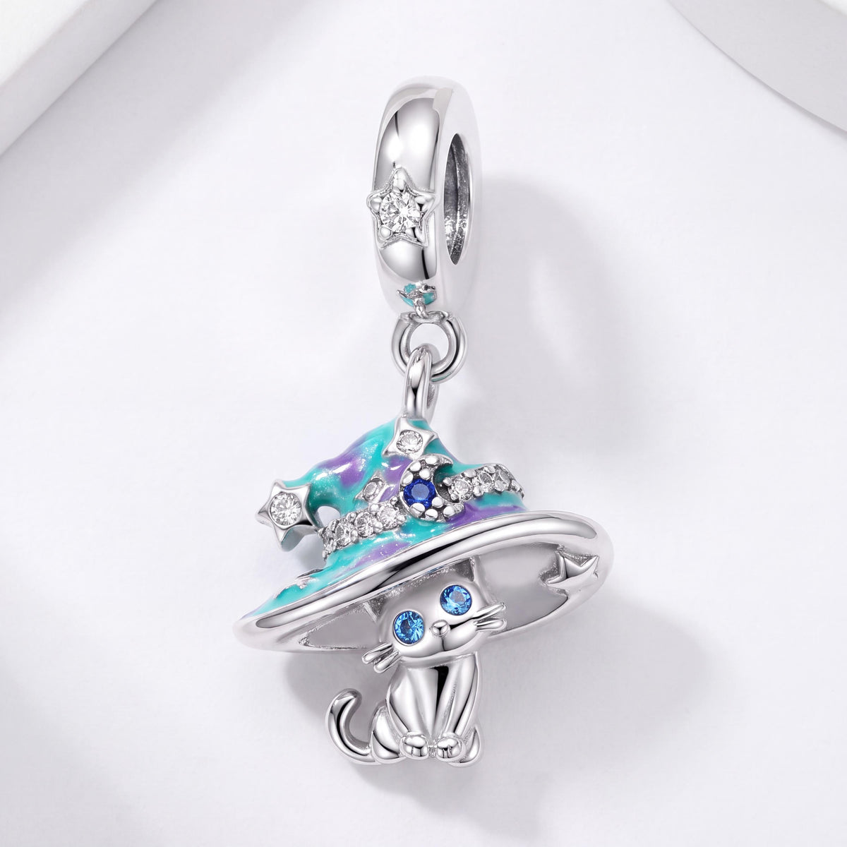 Witch Cat Dangle Charm in 925 sterling silver with blue enamel and sparkling stones, fits European-style charm bracelets