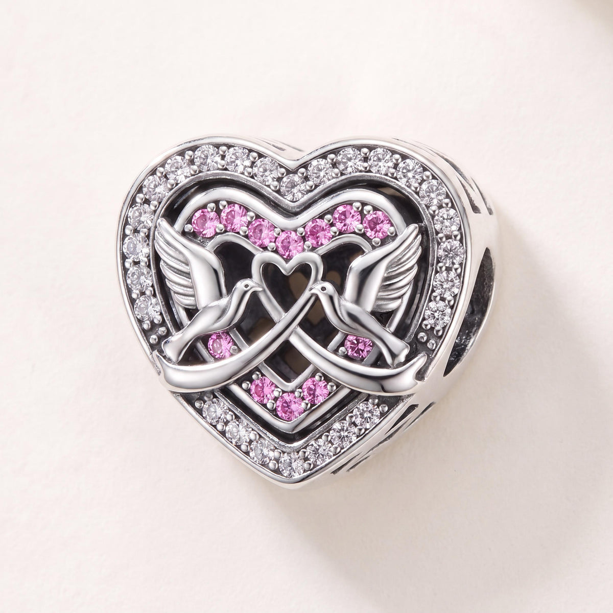 Love Doves Heart Bead in 925 sterling silver with sparkling stones, fits European-style charm bracelets